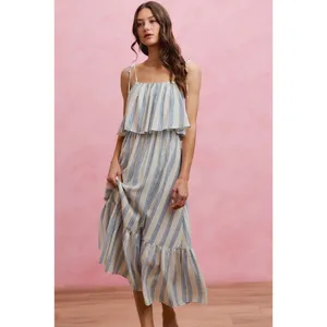 SO ME Stripe Tiered Shoulder Tie Midi Lined Dress - Medium thumbnail 6