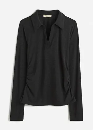 Madewell Side Cinch Long Sleeve Polo Top sweater vneck collar charcoal ruched thumbnail 1