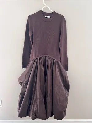 SIMKHAI Kenlie Ribbed Knit Bodice Taffeta Bubble Dress Brown Size Large NWOT thumbnail 5