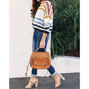 Long Sleeve Striped Color Block Casual Loose Knitted Pullover Sweater Top Medium thumbnail 4