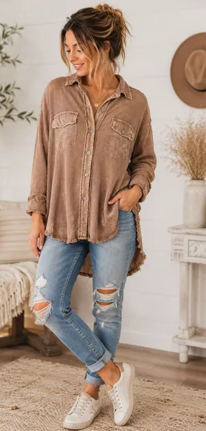 Oli & Hali Small Medium Distressed Cotton Button Up Tunic Free People Boho thumbnail 1