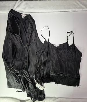 Linea Donatella Black Satin Camisole and Fringe Robe Set thumbnail 1