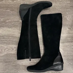 Aquatalia by Marvin K Minnow Black Suede Tall Riding Wedge Boots Square Toe 10 thumbnail 7