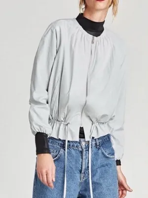 Zara Light Gray drawstring tie front peplum  Bomber windbreaker Jacket thumbnail 2