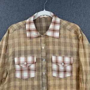 POL Plaid Button Front Shirt Contrast Collar Double Pocket Boho Size Small thumbnail 3