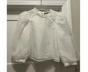 Zara White High Neck Blouse with Layer Embroidered Puff 3/4 Sleeves Size Medium thumbnail 1