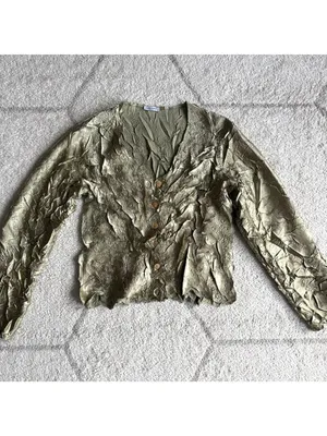 Jolie Mine Paris Olive Green Crinkle Blouse Button Front Long Sleeve Artsy thumbnail 2