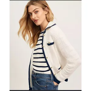 Loft tipped ribbed sweater‎ jacket cream navy blue trim xxs thumbnail 2