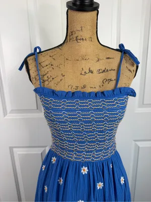 Boutique Sz S Blue Daisy Smocked Tie Strap Tiered Maxi Dress Cottagecore thumbnail 3