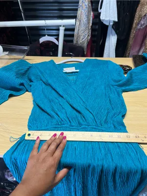 Vintage Pellini Petites Teal Crinkle Belted‎ Dress 3/4 Petite thumbnail 15