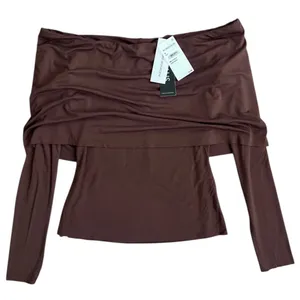 NWT Naked Wardrobe Off the Shoulder Brown Smooth Long Sleeve Blouse Top Shirt XL thumbnail 2