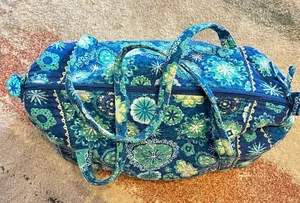 Quilted Fabric Overnight Weekend Duffle Bag Carry On Blue Yellow Floral Zip thumbnail 3
