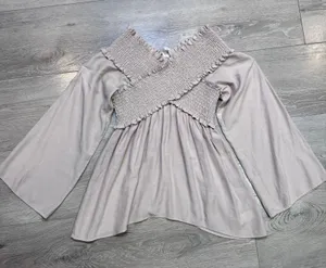 Flawless Women Smocked Off Shoulder Bell Sleeve Top Taupe Mauve Small S thumbnail 1