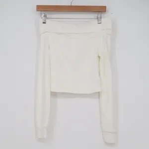 White Ribbed Off the Shoulder Long Sleeve Cropped Top Small Bardot Knit thumbnail 4
