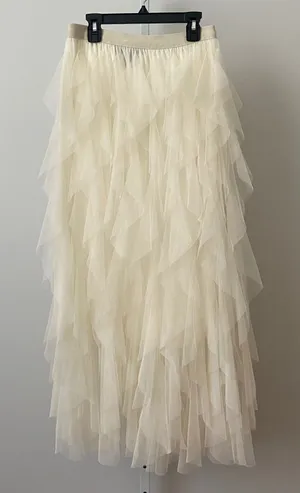 Soho Apparel Tulle Fairy Ethereal Boho Dainty Ruffle Tiered Maxi Skirt M Cream thumbnail 1
