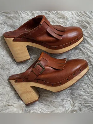 Madewell Brown Women’s Leather Fringe Mule Clogs Wooden Block Heels Size 7.5 thumbnail 8