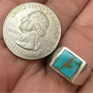Vintage Sterling Silver Turquoise Inlay Signet Ring Size 7 thumbnail 8