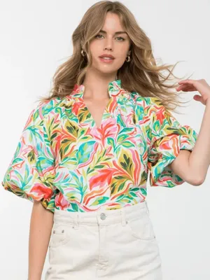 THML Floral Tropical Puff Sleeve Ruffle V Neck Top Size XL thumbnail 1