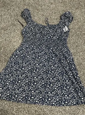 Old Navy Blue Waist-Defined Floral Mini Short Sleeve Dress M thumbnail 1
