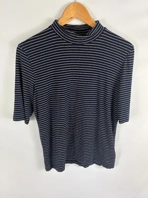 Lauren Ralph Lauren Short Sleeve Stripe Turtleneck Top Blue White Size Large thumbnail 1