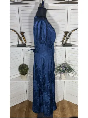 Vintage 80s 90s dress goth Victorian style navy floral texture sweetheart 9 10 thumbnail 3