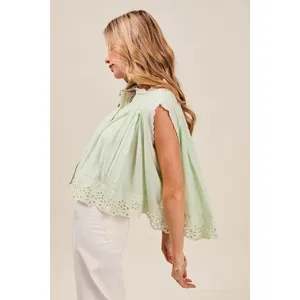 SO ME Button Up Front Pleated Sleeveless Top with Floral Eyelet Lace - Small thumbnail 2