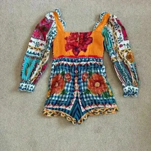 Farm Rio Summer Vibe Romper Ruffled Embroidered Square Neck Patchwork Size M thumbnail 5
