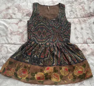 Free People Brown Floral Smocked Fit & Flare Lined Blouse, size XS thumbnail 1
