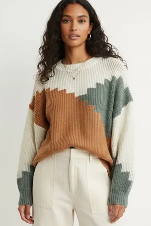 Northy End Geometric Colorblock Ribbed Knit Crewneck Sweater Multi Color Size L thumbnail 1