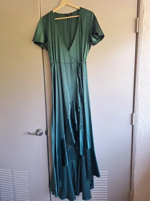 Lulus Love Of Your Life Dark Green Satin Ruffled Wrap Maxi Dress M thumbnail 5