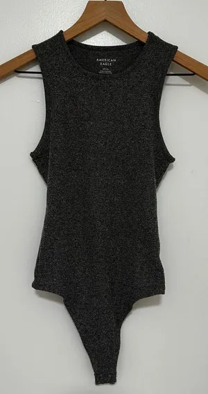 American Eagle | Women's Charcoal Grey Ribbed Crew Neck Sleeveless Bodysuit, S thumbnail 1