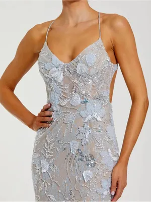NWOT MAC DUGGAL Blue Size 4 Sleeveless Sequin Beaded Open Back Column Gown FLAW thumbnail 2