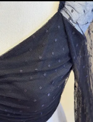 Blue Blush Black Mesh Top Crop Ruched Semi Sheer Polka Dots L thumbnail 5