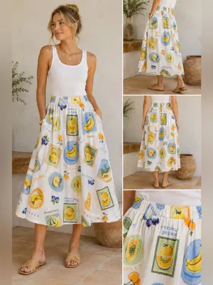 NWT Prosperina Fruit Print Linen Cotton Midi Skirt Medium Cottagecore Summer thumbnail 2