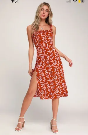 Lulus Floral Red Midi Dress with Slit. Some pulling (pictured) thumbnail 1
