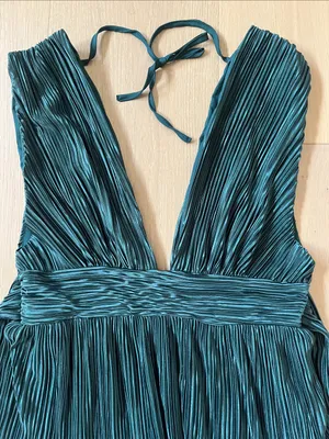 Emerald Green Plunge V-Neck Pleated Satin Mini Dress Women's Medium Large thumbnail 4