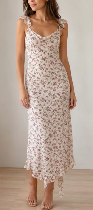 Kirious sz M Floral Sheer Flutter Handkerchief Maxi Dress Feminine Cottagecore thumbnail 1