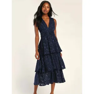 Lulus Navy Blue Make It Mesmerizing Jacquard Tiered Midi Dress Sz.L NWT thumbnail 2