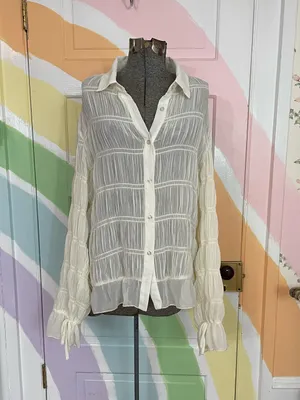 SNDYS La Louisiane Shirred Sheer Flare Sleeve Cream Button Front Top Sz M 💛🎀 thumbnail 4