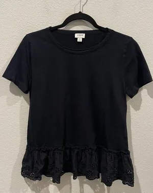 Short Sleeve Eyelet Hem Black Blouse thumbnail 1