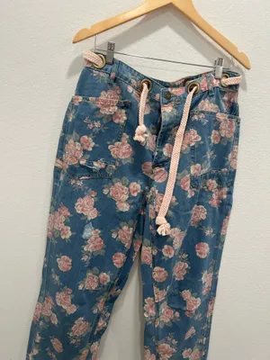 Floral Print Women's Jeans with Pink Rope Tie by BiBI Size L thumbnail 2