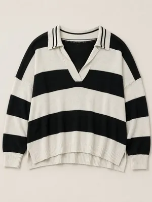 Oversized Striped Polo Sweater Women Large V-Neck Knit Pullover Preppy Normcore thumbnail 2