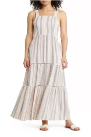 Caslon Womens Striped Square Neck Linen Blend‎ Maxi Dress Pink Cabana Medium NWT thumbnail 1