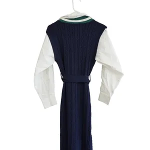 En Saison Navy Cable‎ Knit Sweater Vest Shirt Dress Mixed Media Midi XS NEW thumbnail 8