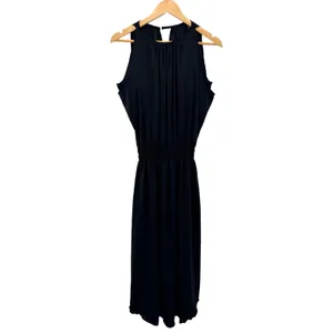 SheBird Emma Black Satin Knit Bateau Neck Built‎ In Bra Midi Dress Smocked M L thumbnail 5