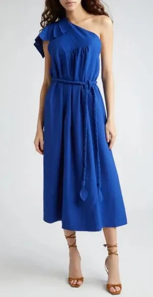 NWT FARM Rio Navy Blue One Shoulder Asymmetrical Ruffled Midi Sundress XS thumbnail 1