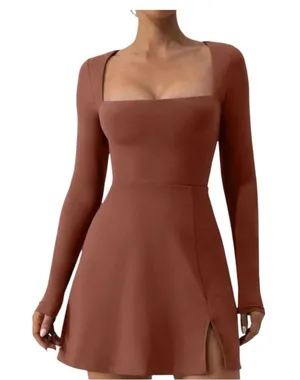 Qinsen Square Neck Long Sleeve Midi Dress in Chestnut NWOT thumbnail 1