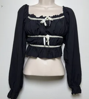 Thirty Thirty Women Milkmaid‎ Crop Top L Black Velvet Bow Dark Coquette Cottage thumbnail 1
