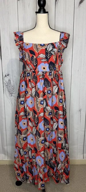 Ee:some Floral Tiered Ruffled Maxi Sundress Size L Smocked Back Sleeveless thumbnail 1