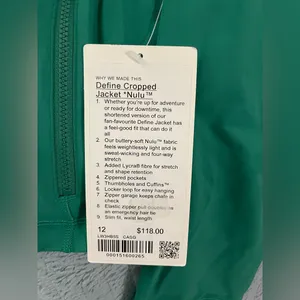 Lululemon NWT Define Cropped Full Zip Nulu Jacket Cascade Green Size 12 thumbnail 5